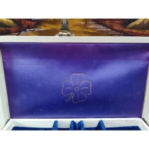 Mele Mid-Century Jewelry Box Cream w/ Blue Interior - 10x3.25x7 - Vintage